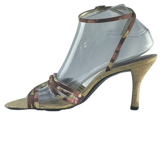 Nina Womens 8.5 Brown & Gold Open-Toe Heels With Ankle Strap - Picture 8 of 11